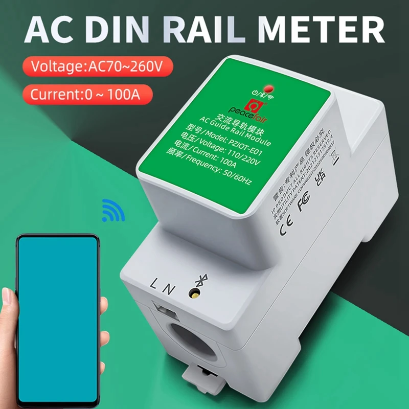 Peacefair 1 Piece Tuya Energy Meter Single Phase AC Din Rail Module White-Green Plastic Watt Meter Voltmeter Ammeter