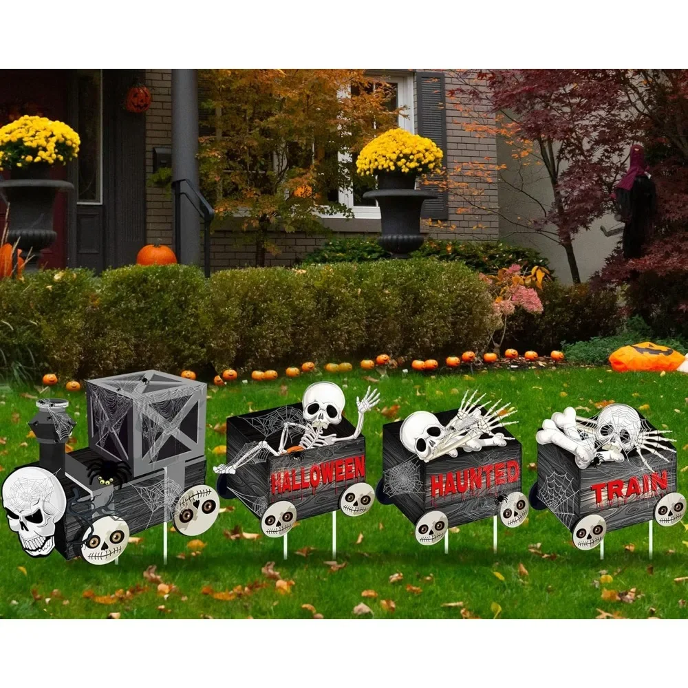 

4 Pack Halloween Garden Halloween Decorations Outdoor Wooden Stakes Pumpkin Train Skeleton Cute Halloween Garden Decorations