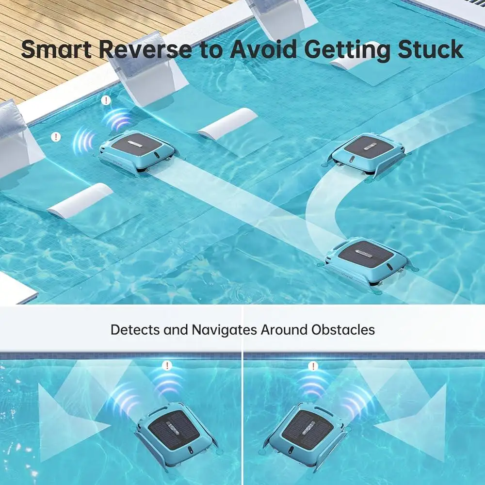 Robotic Solar Pool Cleaner Cordless Surface Skimmer Automatic Dual Power Charging Intelligent Obstacle Avoidance Saltwater
