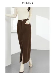 VIMLY Elegant Simple Retro Corduroy Straight Skirt for Female Winter Office Lady Style High-waist A-line Back Hem at Slit Skirt