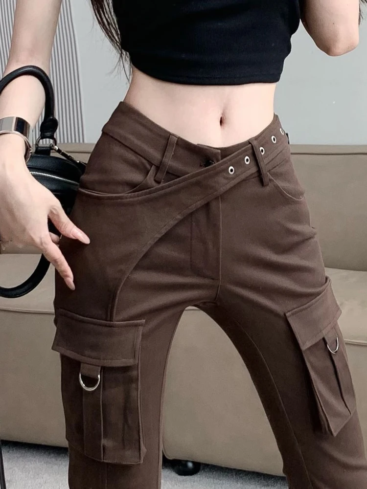 Women's Brown Pants Vintage Belt Patchwork Wide Leg Pants Casual High Waist Baggy Self Cultivation Trouser Ladies Summerr