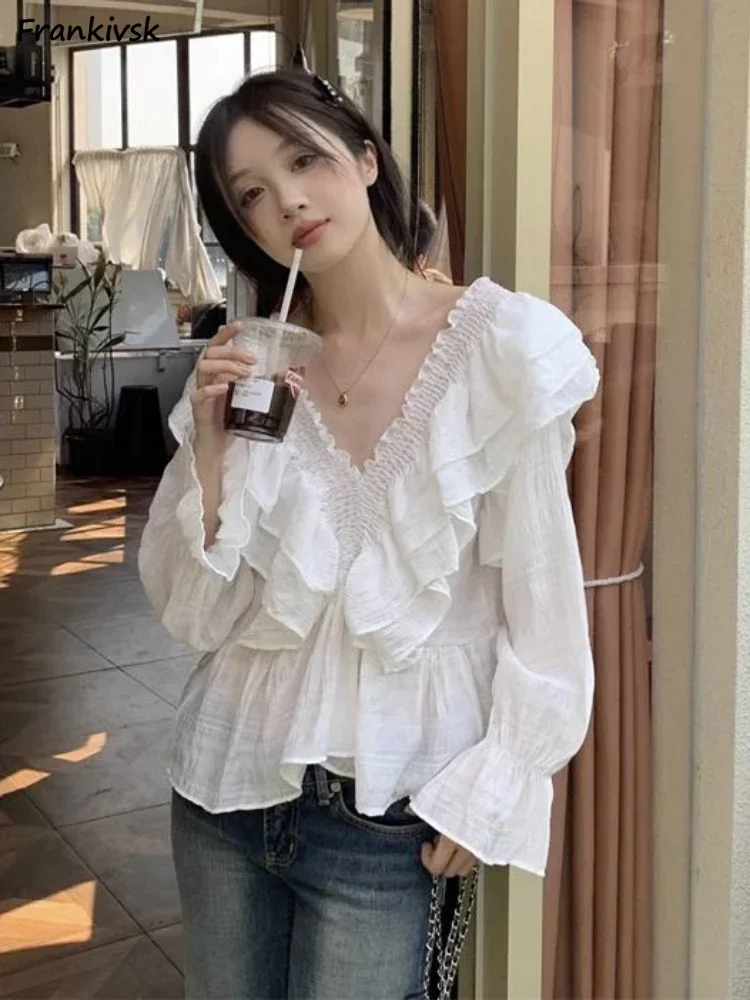 Ruffles Blouses Women Elegant Spring Chic V-neck Fashion Long Sleeved College Ins Popular Solid Simple Blusas Tops Cozy Clothing