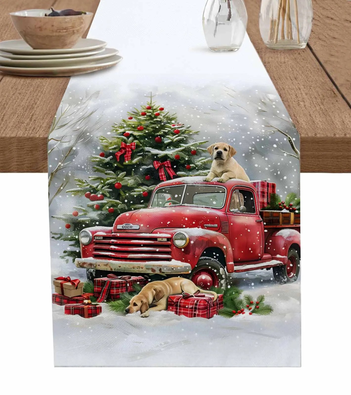 Christmas Snowy Forest Dog Gift Evergreen Tree Table Runners for Dining Room Home Decor Tablecloth 4/6 Pcs Placemats Table Cover