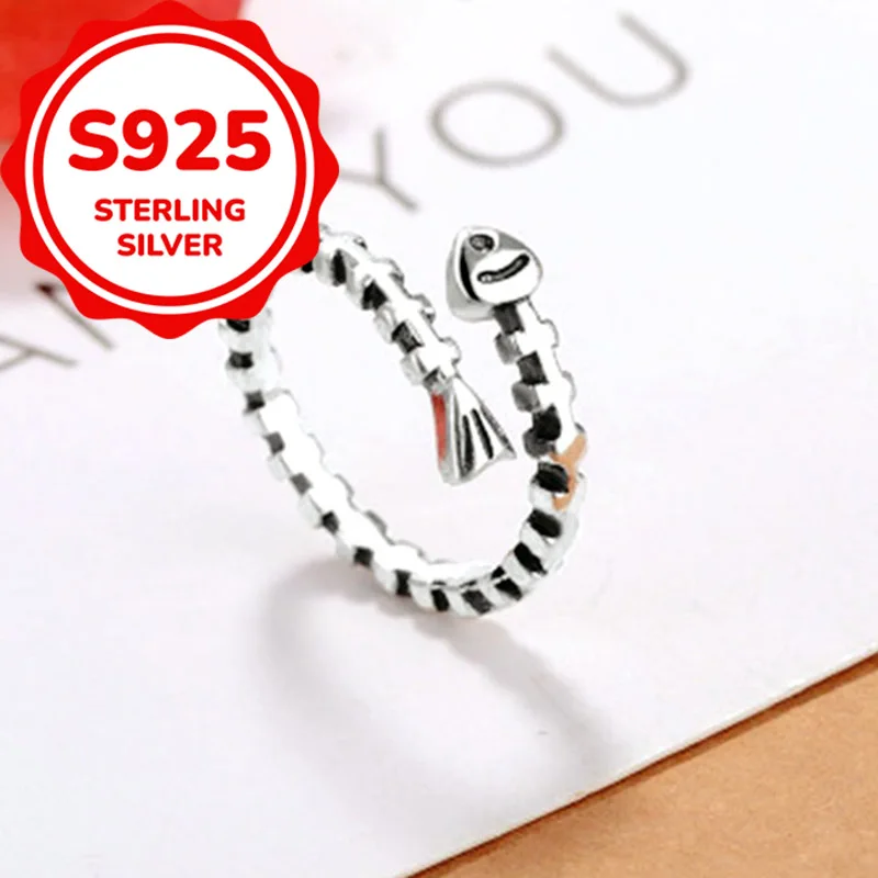 925 sterling silver retro old style simple fish bone opening adjustable ring women's daily versatile light luxury ring
