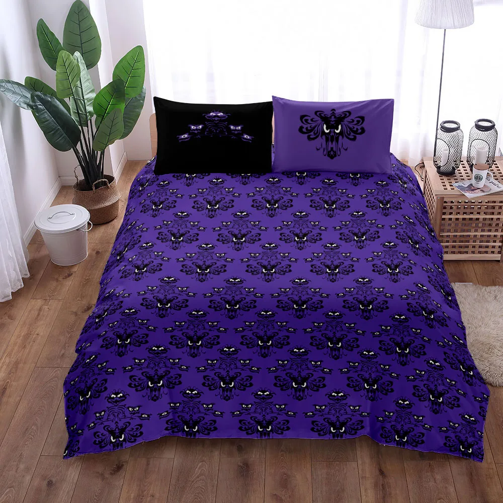 Haunted Mansion Gothic Pattern Duvet Cover Set,Purple n Black,Single Double Queen King Bed Cover