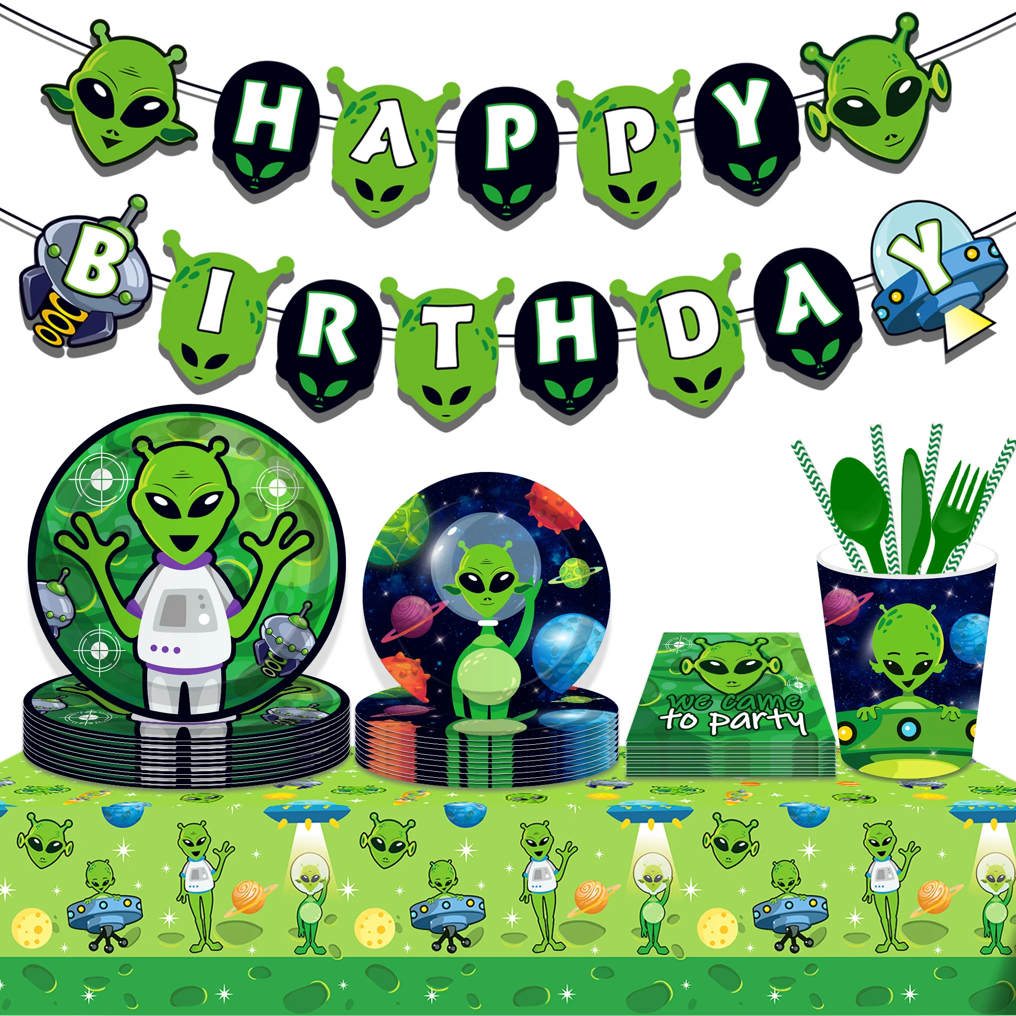 Cartoon Sci-fi Alien Outer Space Planet Birthday Party Banner Disposable Tablecloths Baby Shower Party Backdrops Decorations