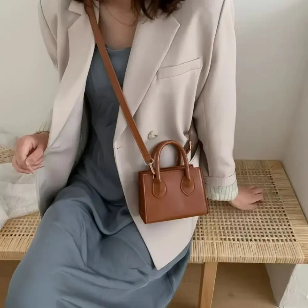 

PU Leather Small Square Bag Minimalist Top Handle Mini Handbag Solid Color Adjustable Straps Women's Crossbody Bag Female