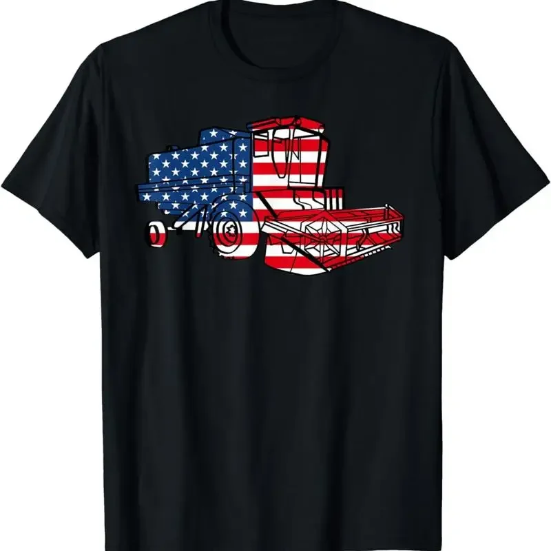 Farm Tractor American Flag Combine Harvester Farming T Shirt