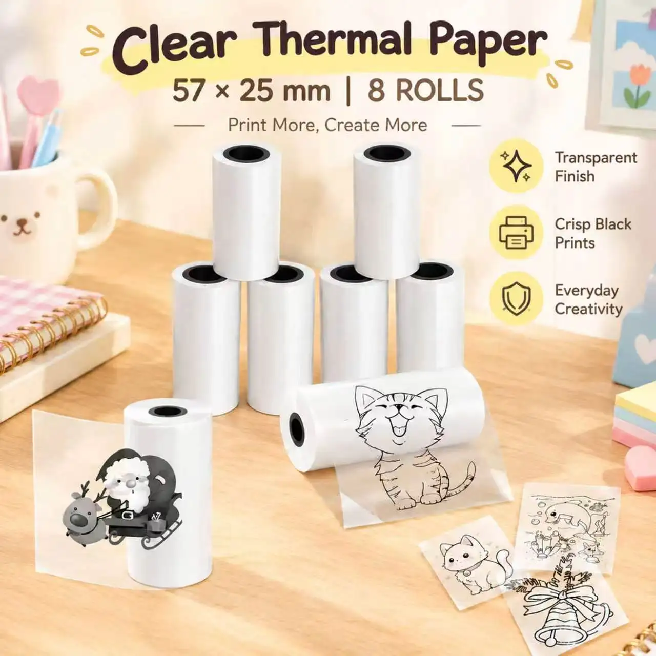 Transparent Self-Adhesive Mini Printer Paper, 8 Rolls, Compatible with Wireless Portable Mini Printers – Ideal for Photos, Labels, and Notes