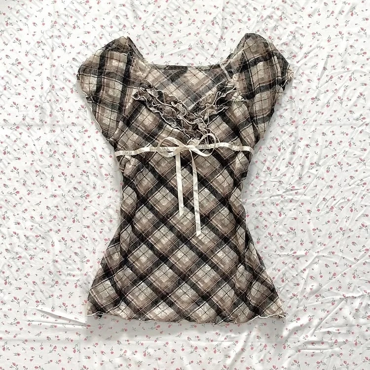 Camiseta clásica de manga corta con lazo bonito a cuadros para mujer emo Y2K, camisetas dulces de encaje estético para bebé, ropa ajustada emo Vintage a la moda