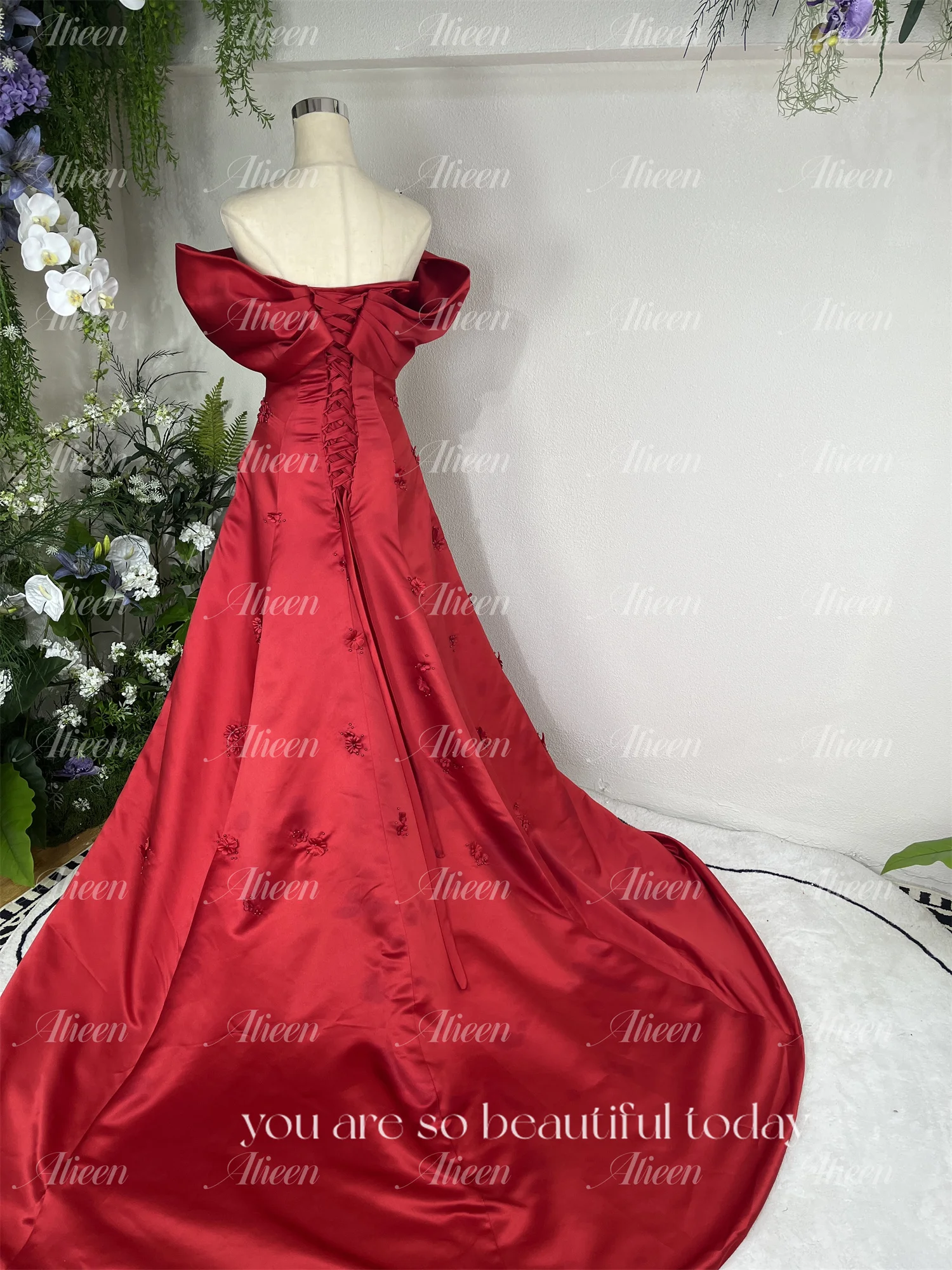 Aileen satén rojo 3D flores fuera del hombro vestidos de graduación 2024 vestido de noche de lujo para mujer fiesta elegante boda personalizado