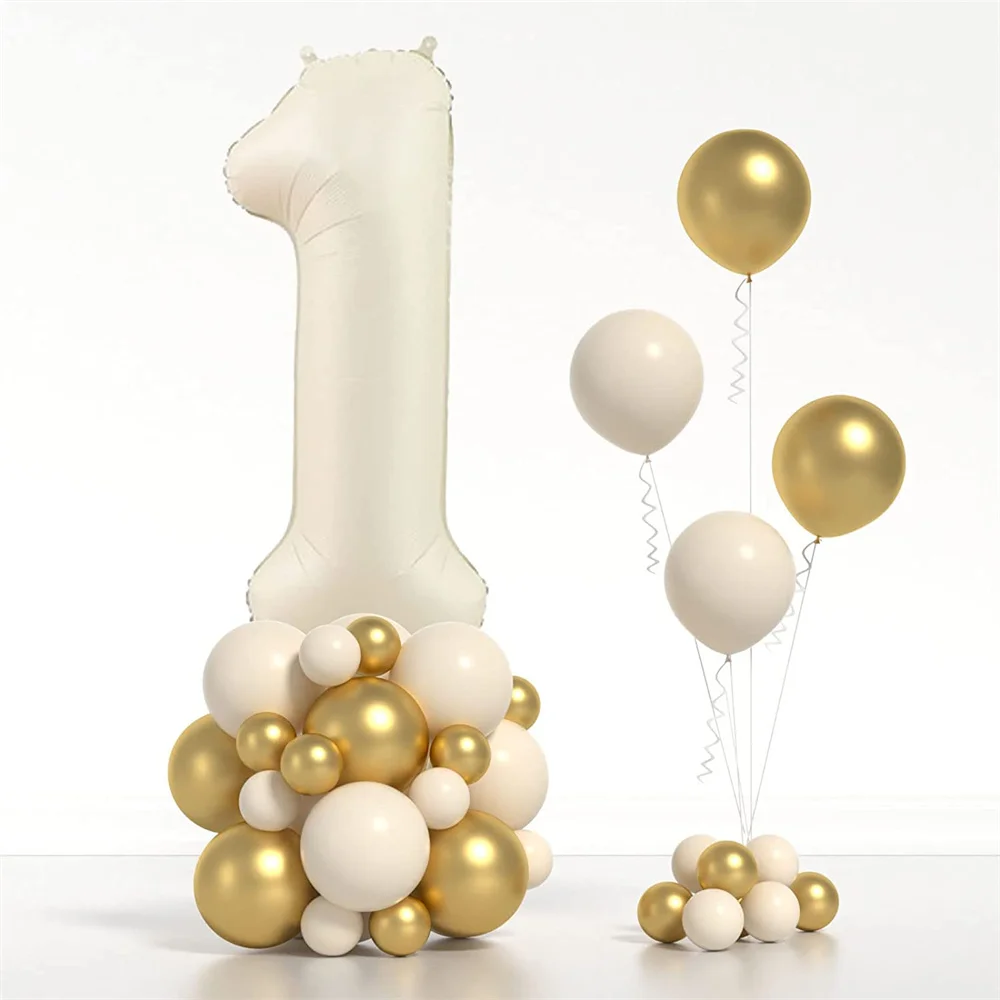 42Pcs 40inch Cream Number Balloons Set with White Sand Metallic Gold Latex Balloons for 1st Birthday Party Wedding Decoration