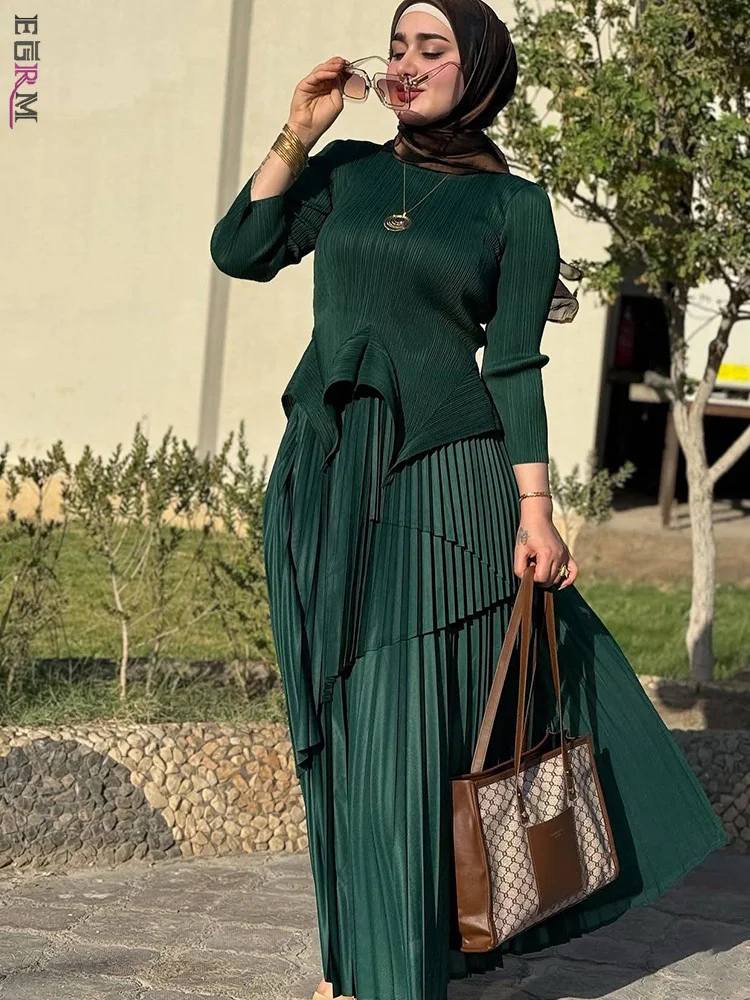 

EGRM Miyake Fold Pleated Two-piece Set For Women 2025 Autumn New Lace-up Gathered Waist Tops and Irregular Lantern Skirt Sets