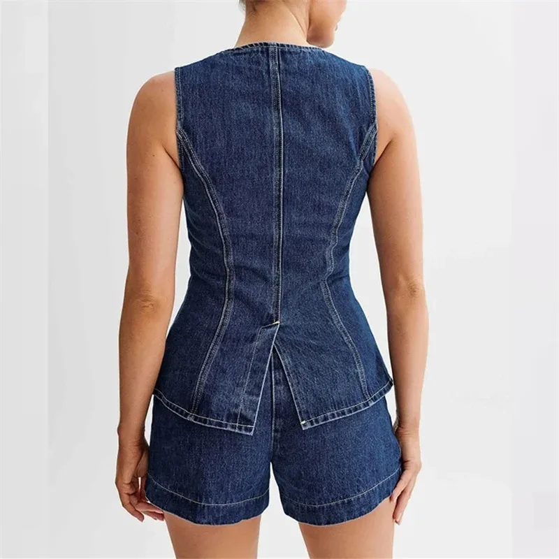 2024 Vintage Casual Denim Suits Back Split Women Sleeveless Button Splicing Slim Jacket Female Two Piece Sets High Waist Shorts