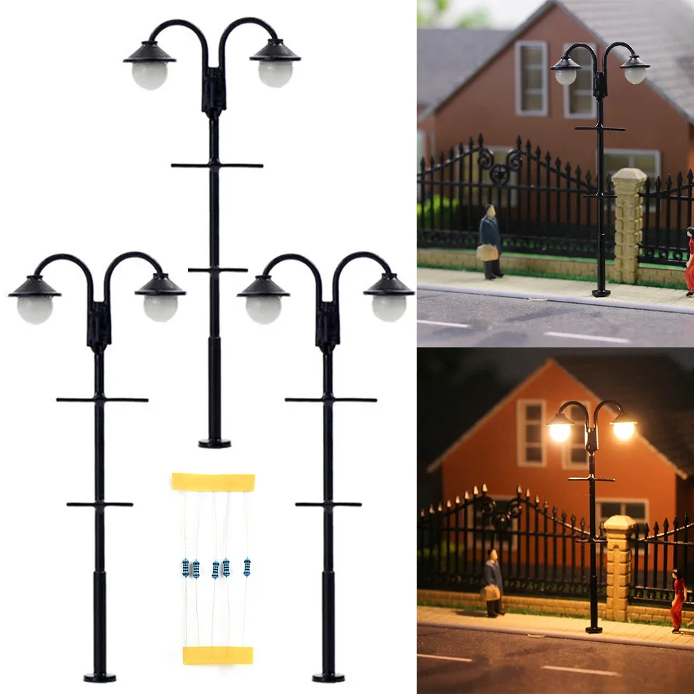 3Pcs 1:87 Track H0 LED Two Lights Parking Lanterns Lamp Lamps 65mm 3V Street Lamp Lighting Single Head Train Layout Toys