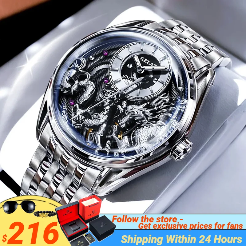 

GELATU Men's Watches Luxury dragon China Loong Dial Automatic Mechanical Wristwatch for Man Tourbillon Movement Sapphire