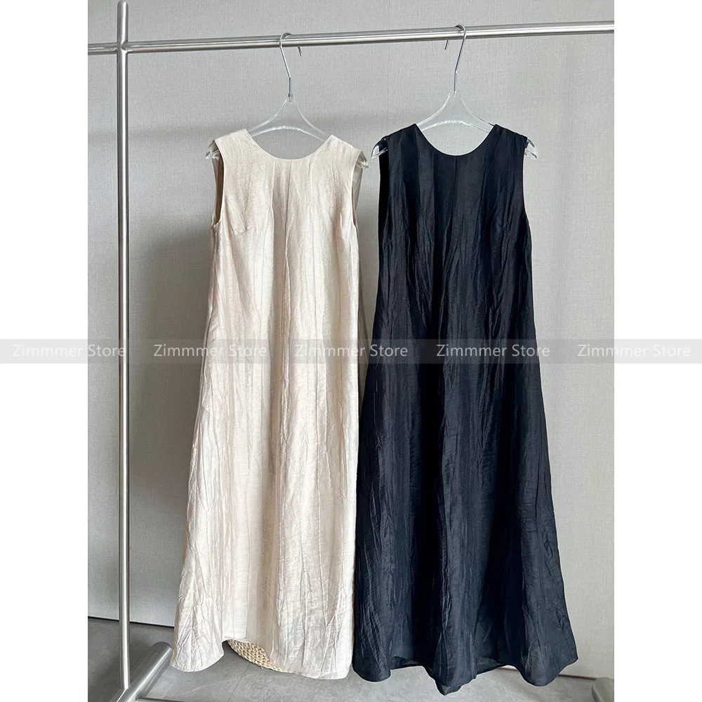 Linen bark crumpled paper texture twisted fashionable light loose dress French slim sleeveless long dress