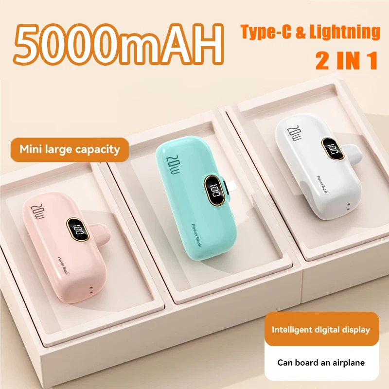 5000mAh 2-in-1 Mini Power Bank Super Fast Charging Plug Play Portable External Battery Powerbank For Xiaomi Samsung iPhone