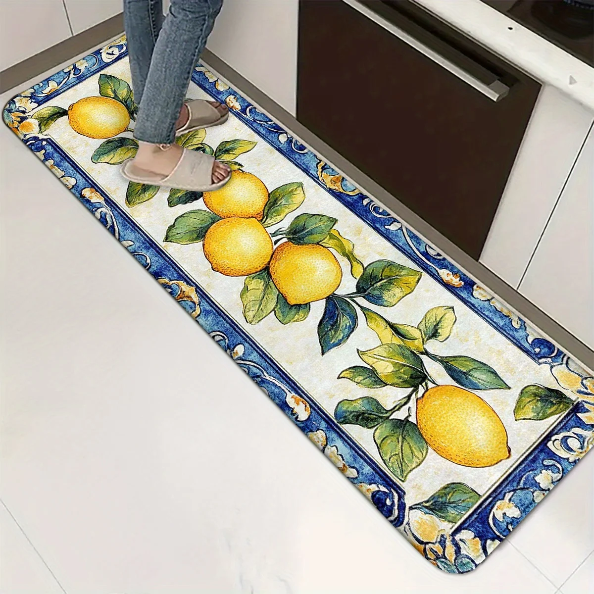

Mediterranean Lemon Kitchen Runner Rug Non-Slip Washable Long Floor Mat with Blue Floral Tile Print for Kitchen Laundry Hallway
