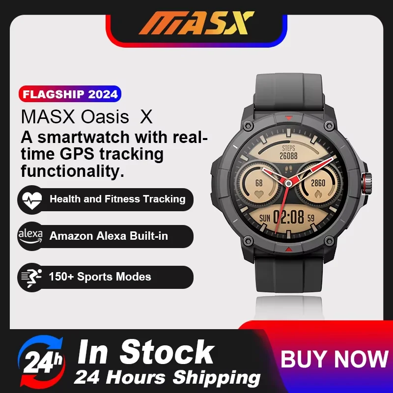 MASX Oasis X Premium GPS-Smartwatch, Alexa Ultra HD-Display, integriertes GPS, Hi-Fi, Bluetooth, Telefonanrufe, Sportuhr in Militärqualität