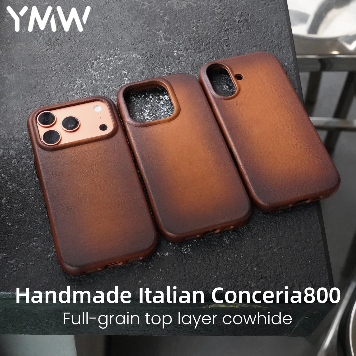 Capa de Couro Genuíno Italiano Artesanal YMW para iPhone 17 16 15 Pro Max, Magnética, Luxuosa, Retrô, em Couro Bovino, para Negócios