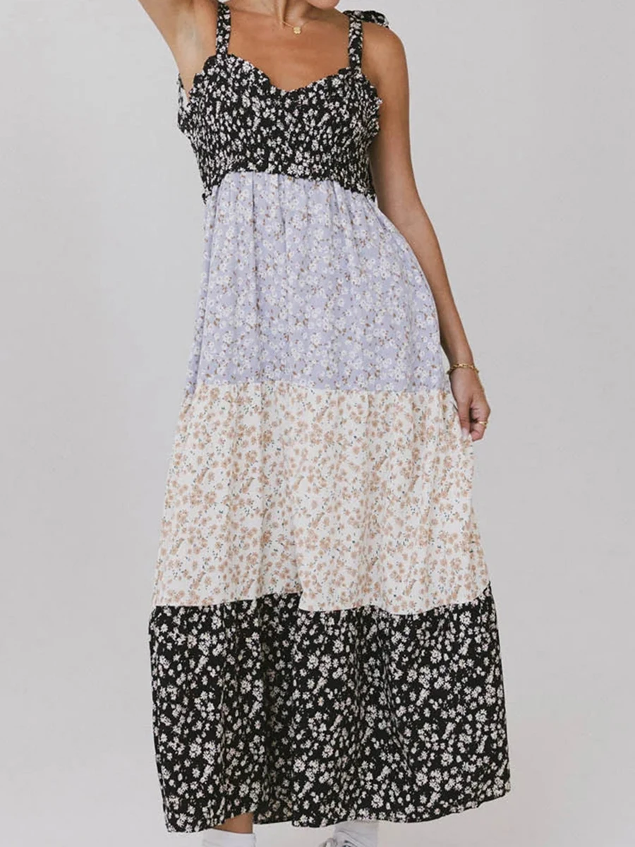 Nova moda feminina floral gravata ombro vestido com decote em v sem mangas aberto volta em camadas plissado vestido longo para festa diária viagem S-XL