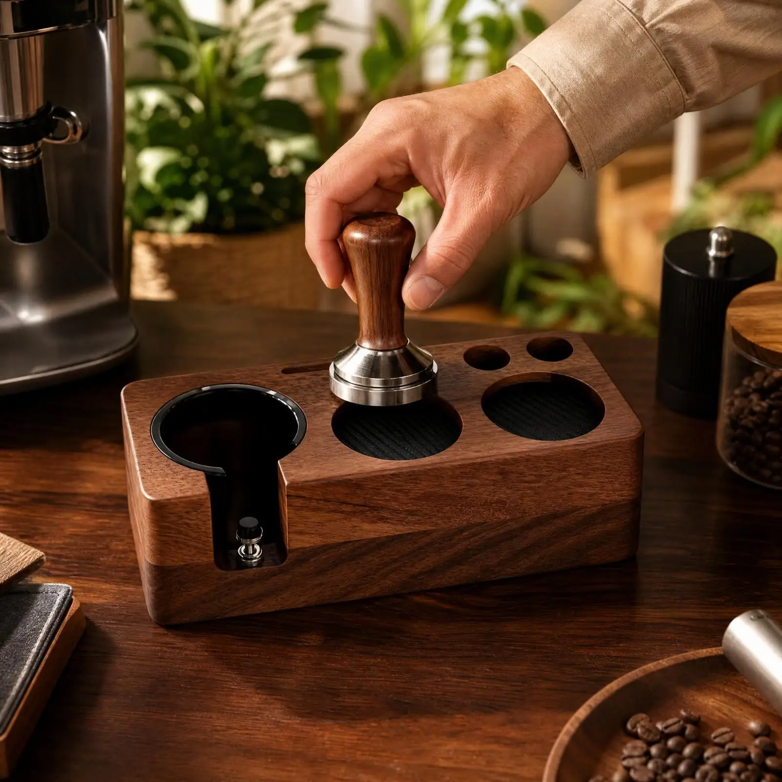 Espresso Tool Organizer Coffee Tamping Distributor Wood Base with Front Portafilter Support for Compact Home Barista Setup