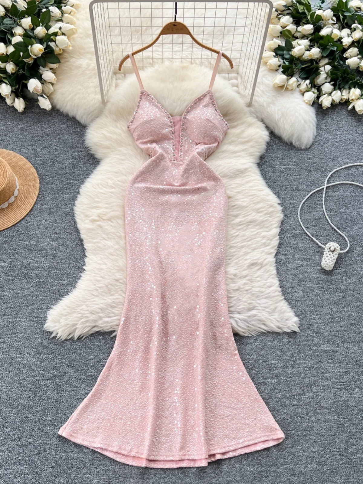 فستان طويل لامع مزين بالألماس على شكل حرف v مثير على طراز الآلهة للنساء، فستان سهرة للتخسيس على الطراز الكوري، تنورة عالية ال... #4