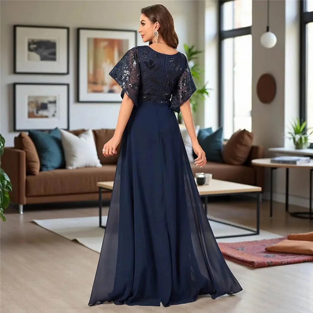 Customized Chiffon Flare Half Sleeves Mother of the Bride Dresses V-neck Lace Sequins Ruffles Women's Long Formal Evening Gowns