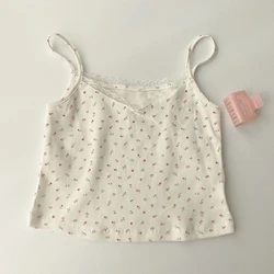 Camisola para Mujer, Tops de verano para niña, Top corto ajustado de encaje con estampado dulce, Tops bonitos para Mujer