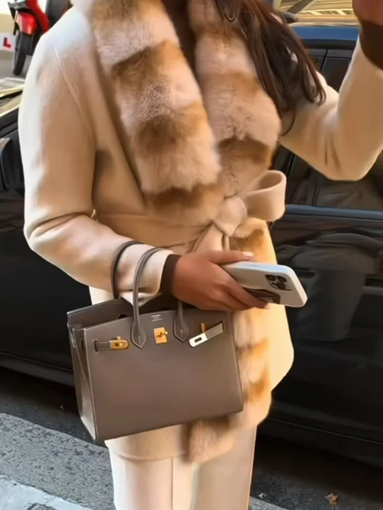 HH Woman Fur Collar Belt Decoration Single Breasted Lapels Coat Female Autumn Elegant Long Sleeves Pockets Long Woolen Coat