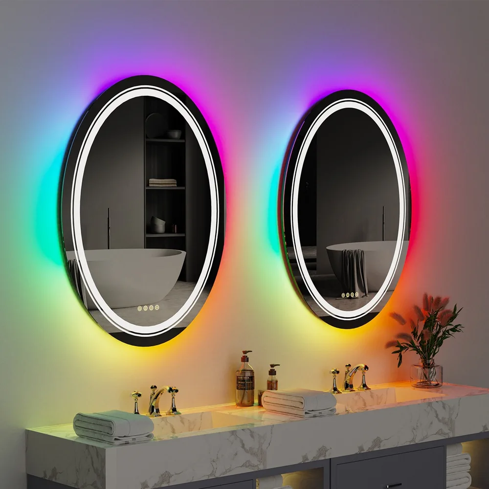 Smart MirrorModern Anti-Fog RGB Salon Smart Touch Sense Digital Wall LED Bath Mirror Oval Illuminated Design For Hotel Living Ro