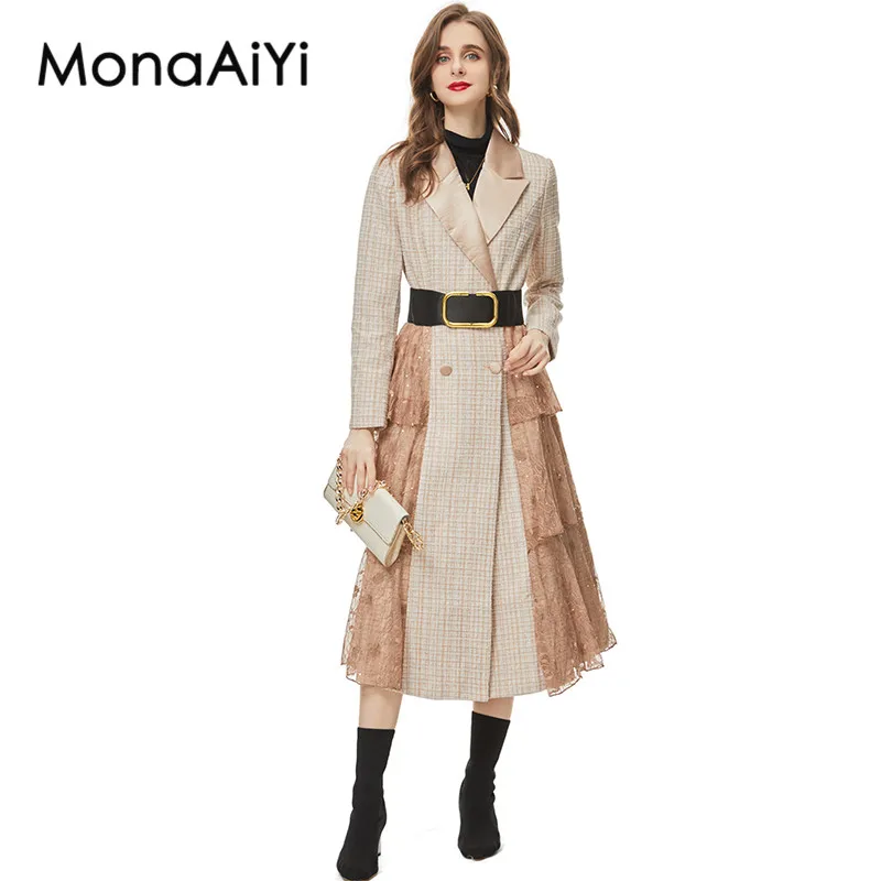 

MonaAiYi New Fashion Runway Designer Women's Lapel Collar Sequin Embroidery Splicing Double Breasted Belt Long Sleeved Dress