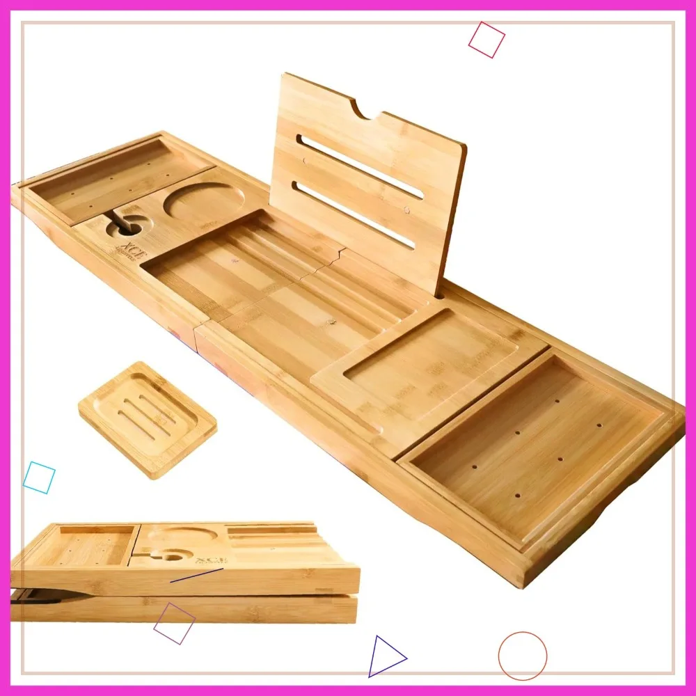

Foldable Bamboo Bathtub Caddy Tray - Expandable to 41 Inches with Non-Slip Pads & Book Stand for Couples Luxury Bath