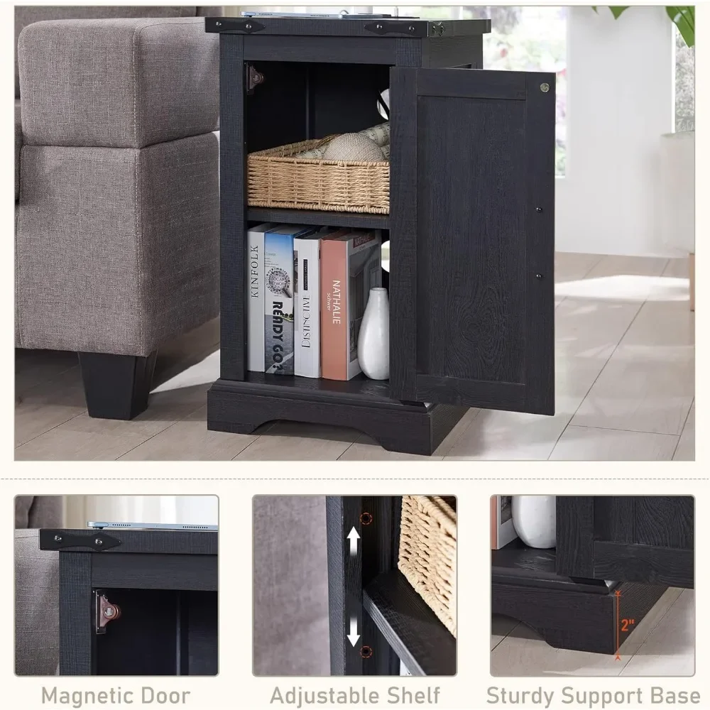 充電ステーション付きナイトスタンド、納屋ドアと調節可能な収納棚付き長方形ファームハウスエンドテーブル