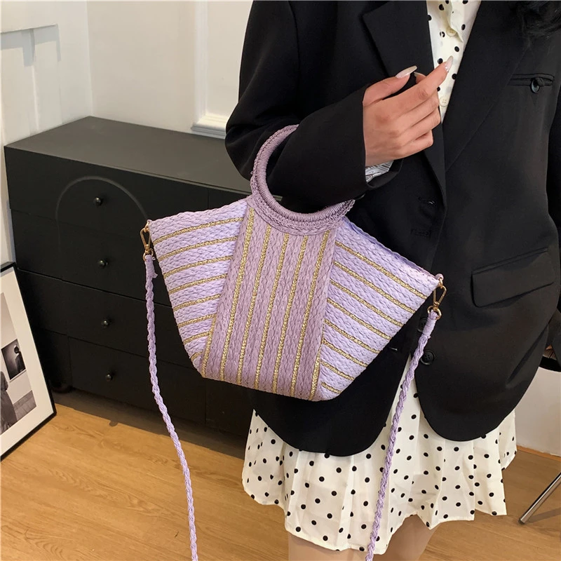 Straw Braid Color Matching Large Capacity Hand Bags Fashion Casual Versatile Shoulder Bags for Women 2024 Designer Style Tote