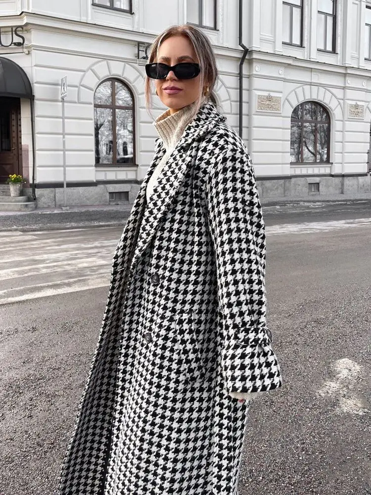 Winter Loose Houndstooth Women Trench Coat Elegant Lapel High-end Fashion Office Jacket Classic Black White Warm Overcoat Female