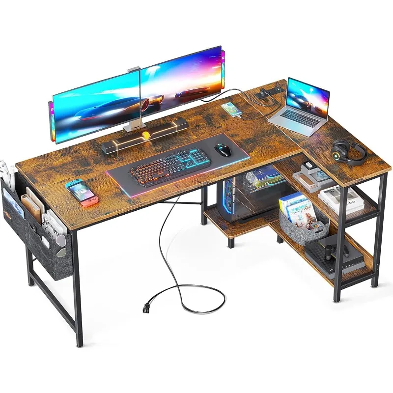 

55 Inch Small L Shaped Gaming Computer Desk with Power Outlets, Reversible Storage Shelves & PC Stand for Home Office,