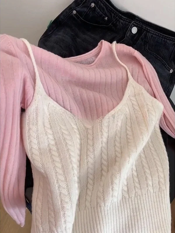 Koreański sweter z dzianiny, okrągły dekolt, damski, jesienny, delikatny, wyszczuplający, długi top, kamizelka, zestaw dwuczęściowy.