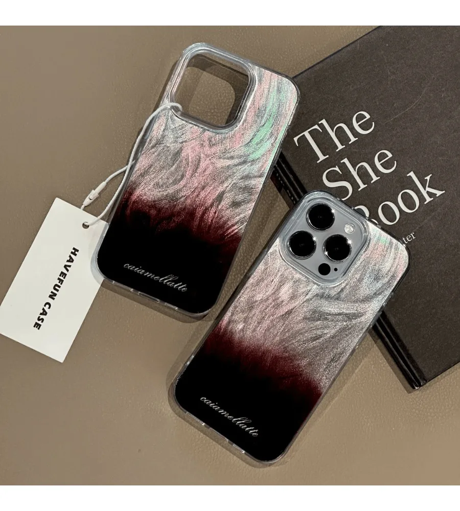 Pink Burgundy Gradient Feather Swirl Phone Case For iPhone 12 13 14 15 16 17 Iridescent Shimmer Slim Fashion Protective Cover