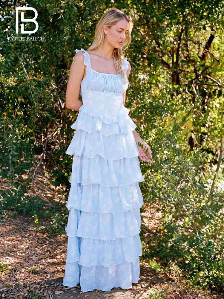 

PB Summer Chic Light Blue Ruffled Square-Neck Long Dress With Bandage Sleeveeless Backless Birthday Party Outdoor Holiday Outfit