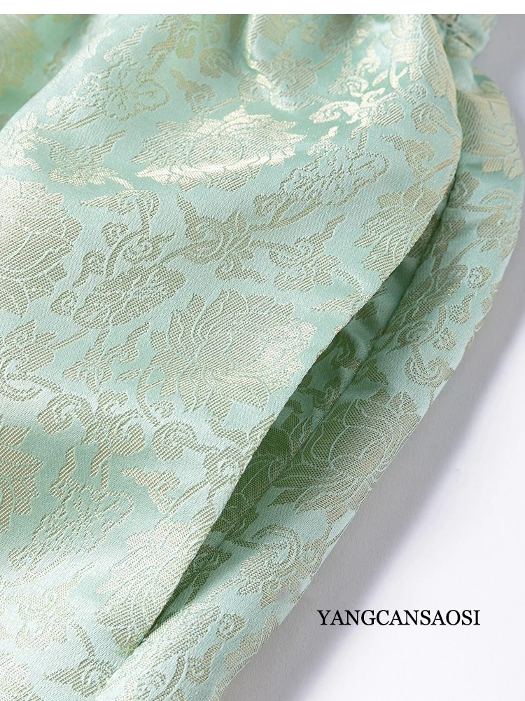 Woven Gold Jacquard Satin 30MM Heavy-duty 100% Natural Mulberry Silk Elastic Waist Loose Women's Casual Mint Green Harem Pants
