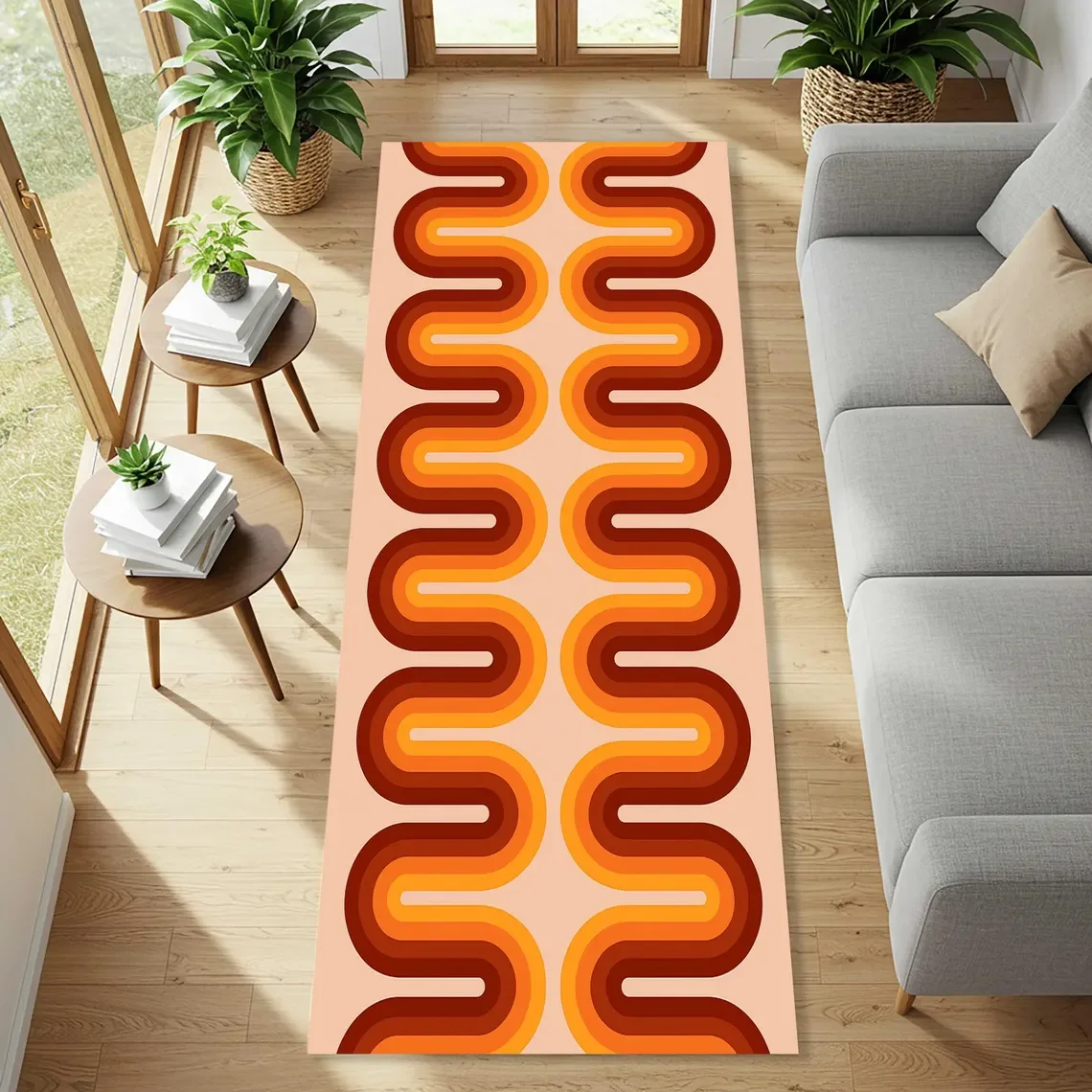 Retro Wave Runner Rug with Orange and Brown Swirl Rug Funky Mid Century Modern Carpet 70s Aesthetic Hallway Floor Decor for Home