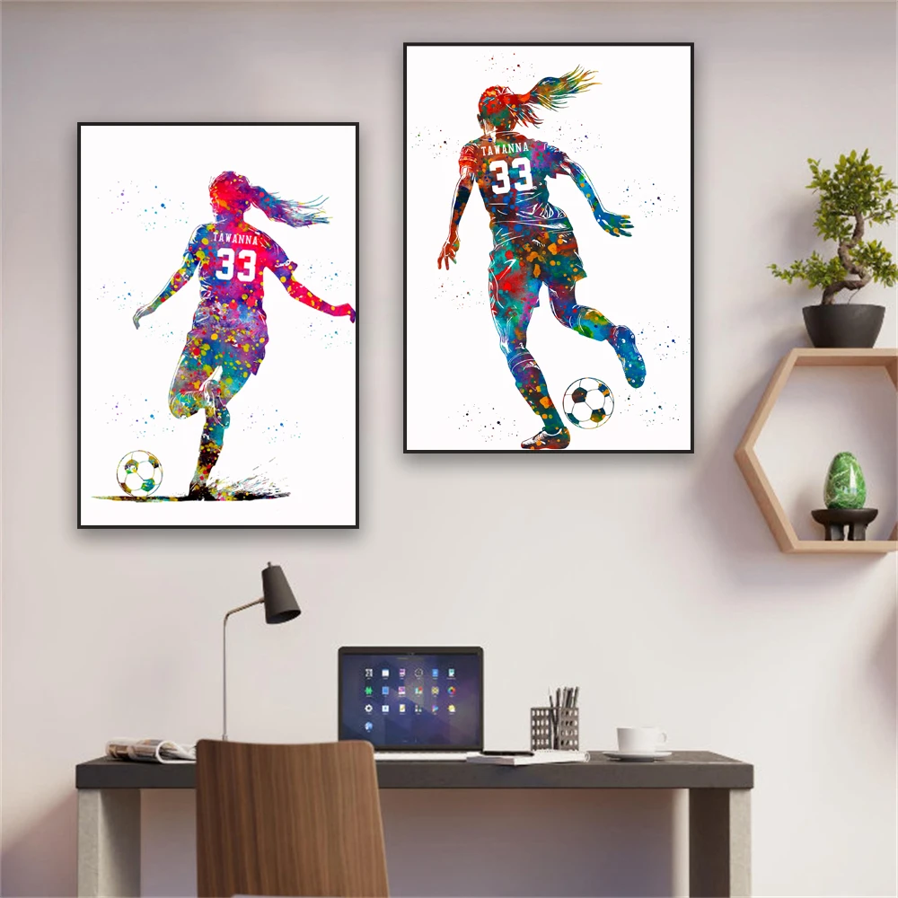 Personalized Art Poster Custom Name and Number Sports Watercolor Print Soccer Player Girl with Ball Canvas Painting Girl Gifts