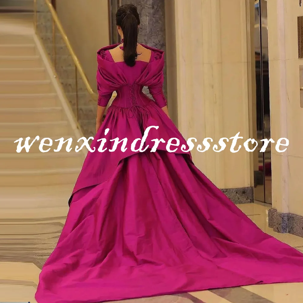 Customized Mermaid Hot Pink Satin Evening Dress Button with Front Slit Off the Shoulder 3/4 Sleeves Lace Up Back Celebrity Gown