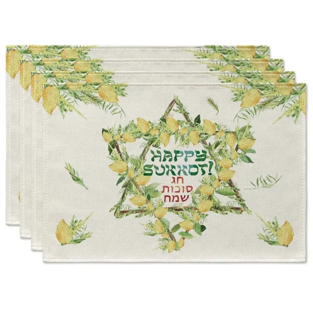 4pcs Happy Passover Linen Placemats Kitchen Dining Table Decor Pesach Star of David Table  Mats for Jewish Party Decorations