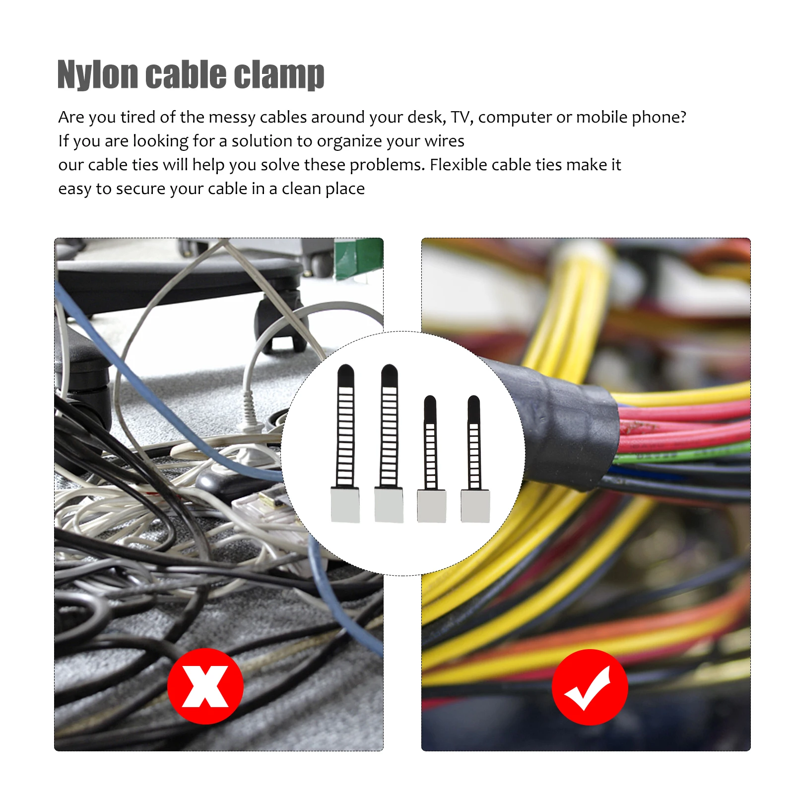 

50pcs Adjustable Self-Adhesive Nylon Cable Straps Ties Cord Clamps Durable Wear Resistant Organize Power Usb Network Cables Keep