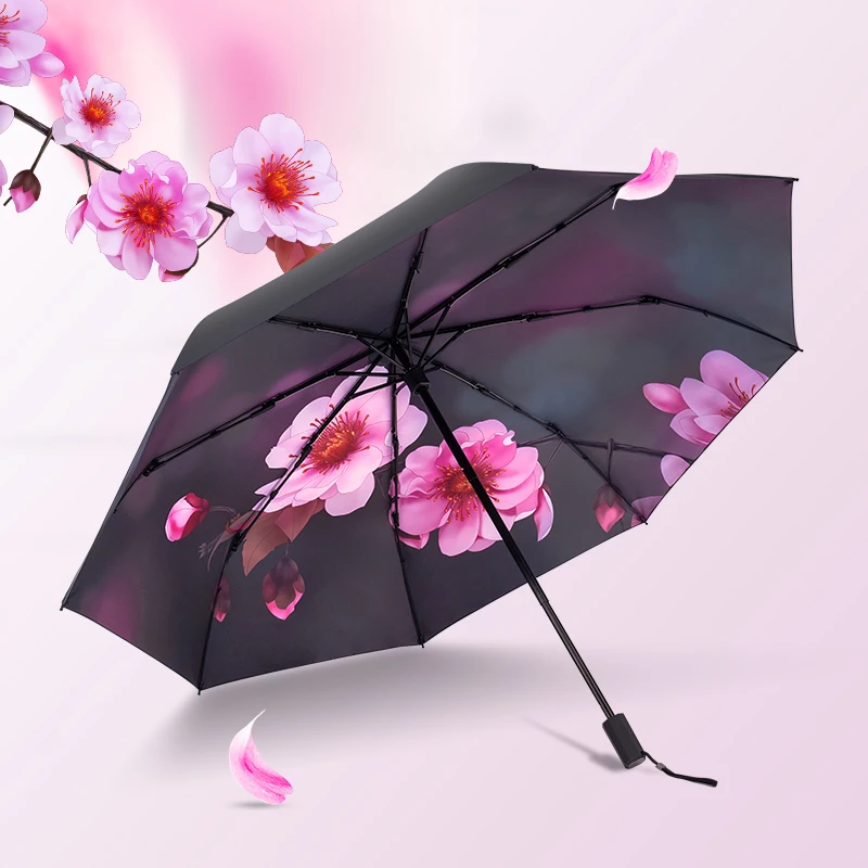 Cherry blossom three fold umbrella travel portable flexible literary small fresh vinyl sunscreen umbrella for men and women