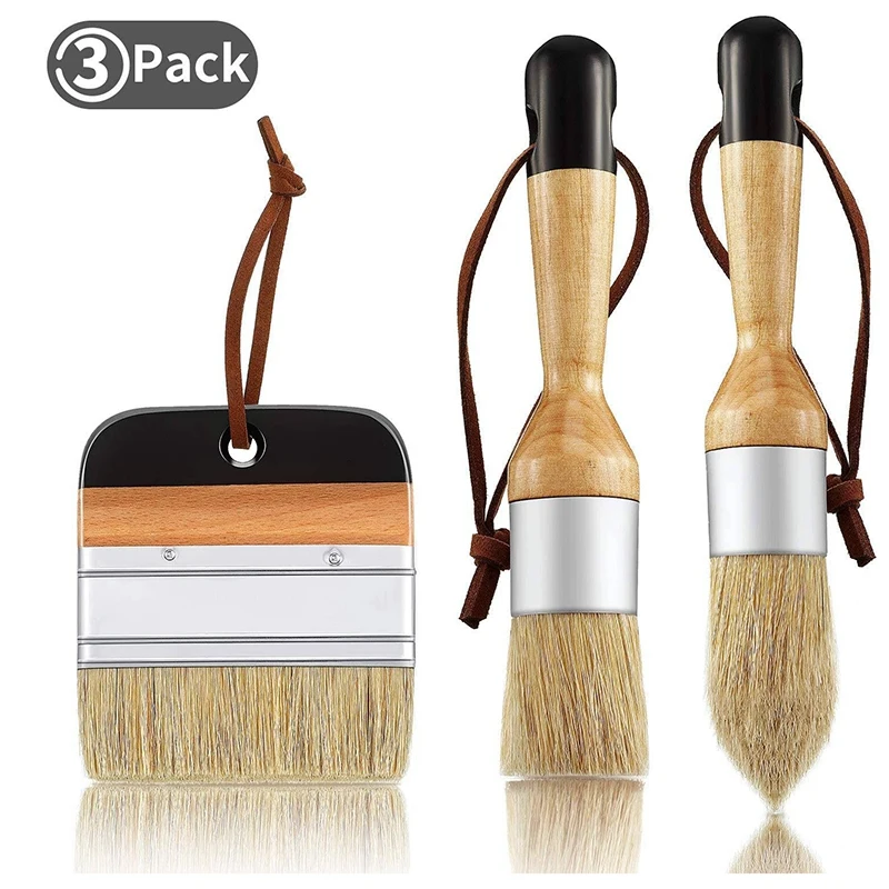 3Pack Chalk and Wax Paint Brushes Bristle Stencil Brushes for Wood Furniture Home Wall Decor