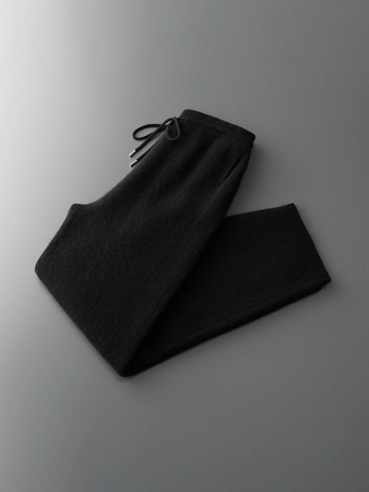 High Street Men's Pants 100% Merino Wool Pants Autumn Winter Wide Leg Trousers Casual Thick Warm Knitted Bend Knife Pants Commut